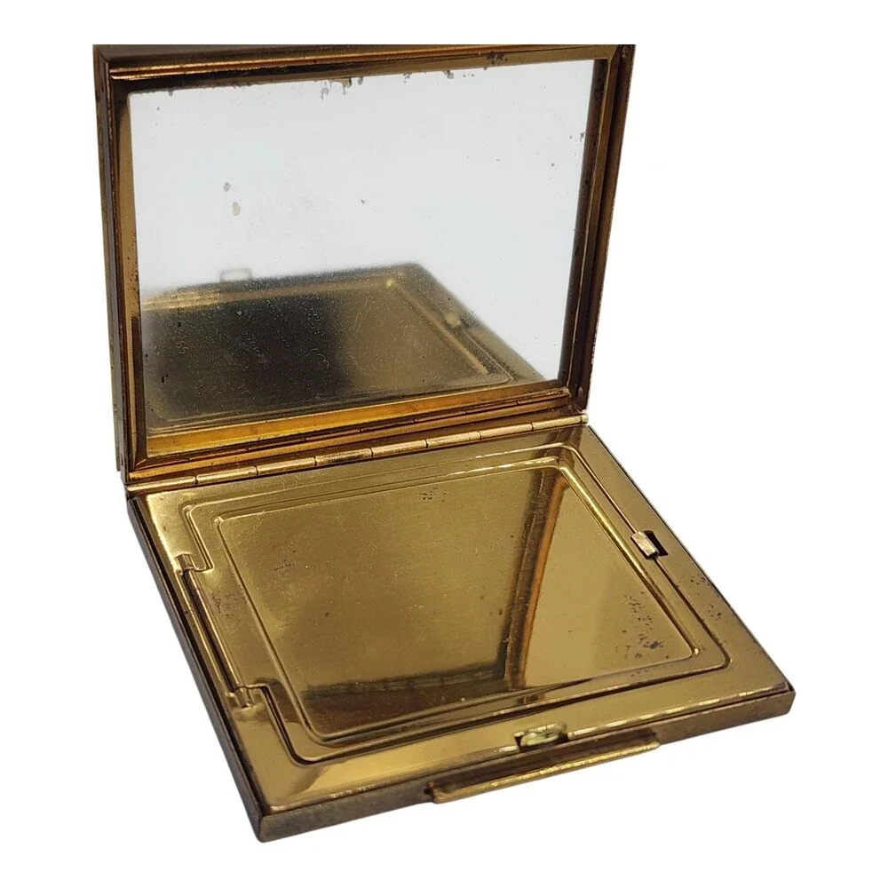 Vintage Mother of Pearl Inlay Powder Compact Basket Weave Gold Tone Mirror